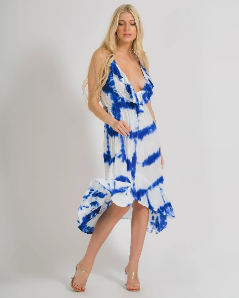 ΦΟΡΕΜΑ AMANIKO ΣΕ ΜΠΛΕ/ΛΕΥΚΟ ΧΡΩΜΑ TIE DYE ONE SIZE (100% RAYON CREPE)