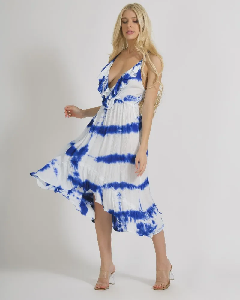 ΦΟΡΕΜΑ AMANIKO ΣΕ ΜΠΛΕ/ΛΕΥΚΟ ΧΡΩΜΑ TIE DYE ONE SIZE (100% RAYON CREPE)