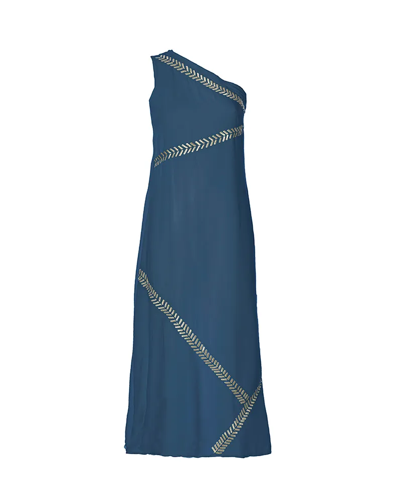 ΦΟΡΕΜΑ ΜΑΚΡΥ ΜΕ ΕΝΑ ΩΜΟ ΣΕ ΜΠΛΕ ΧΡΩΜΑ ΜΕ ΧΡΥΣΑ ΚΕΝΤΗΜΑΤΑ ONE SIZE (100% RAYON)