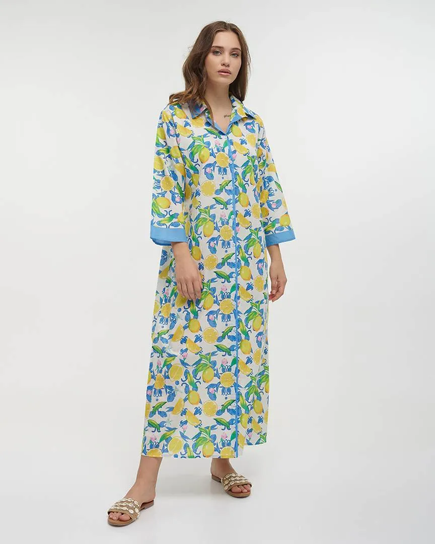 ΠΟΥΚΑΜΙΣΑ ΜΑΚΡIΑ ΛΕΥΚΗ/ΜΠΛΕ ΜΕ ΛΕΜΟΝΙΑ ONE SIZE (100% COTTON)