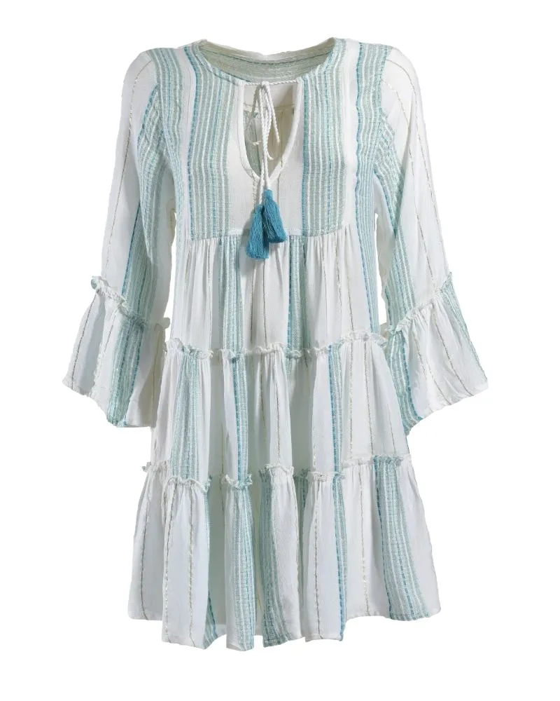 ΦΟΡΕΜΑ ΚΟΝΤΟ ΜΕ ΜΑΚΡΥ ΜΑΝΙΚΙ ΛΕΥΚΟ/ΓΑΛΑΖΙΟ ONE SIZE (100% VISCOSE)