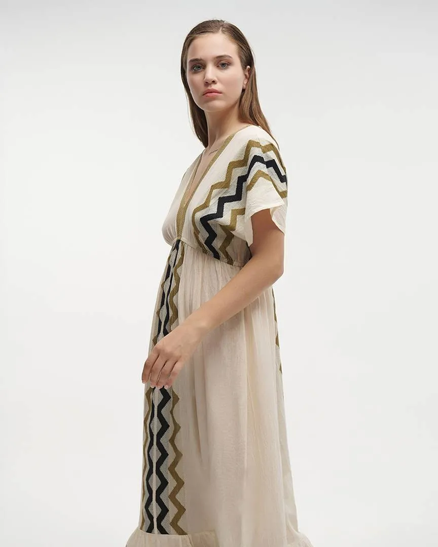 ΦΟΡΕΜΑ ΜΑΚΡΥ ME KONTO MANIKI ΑΣΠΡΟ/ΜΠΛΕ/ΧΑΚΙ ONE SIZE (100% COTTON)