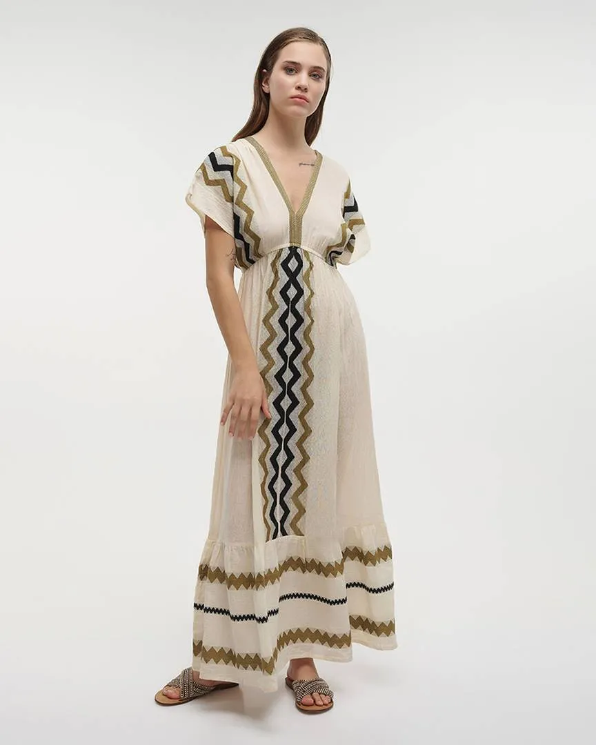 ΦΟΡΕΜΑ ΜΑΚΡΥ ME KONTO MANIKI ΑΣΠΡΟ/ΜΠΛΕ/ΧΑΚΙ ONE SIZE (100% COTTON)