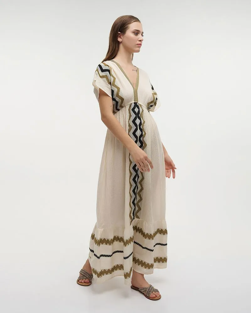 ΦΟΡΕΜΑ ΜΑΚΡΥ ME KONTO MANIKI ΑΣΠΡΟ/ΜΠΛΕ/ΧΑΚΙ ONE SIZE (100% COTTON)