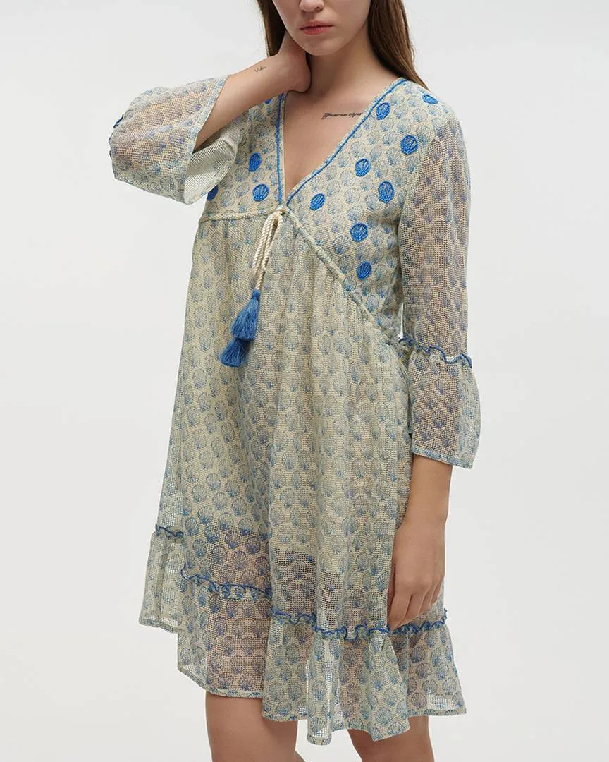 ΦΟΡΕΜΑ ΚΟΝΤΟ ΜΕ 3/4 ΜΑΝΑΚΙ ΛΕΥΚΟ/ΓΑΛΑΖΙΟ ONE SIZE (100% COTTON)