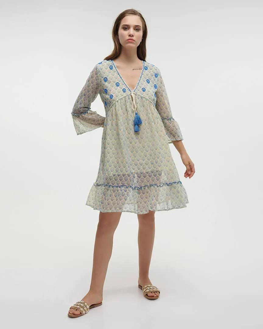 ΦΟΡΕΜΑ ΚΟΝΤΟ ΜΕ 3/4 ΜΑΝΑΚΙ ΛΕΥΚΟ/ΓΑΛΑΖΙΟ ONE SIZE (100% COTTON)