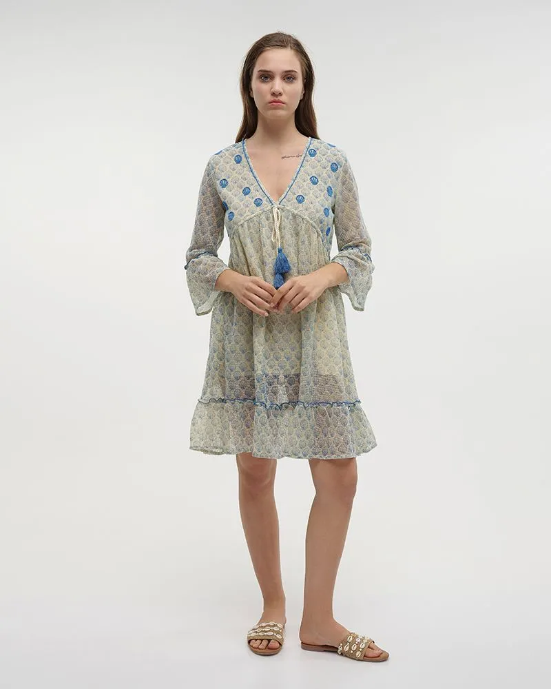 ΦΟΡΕΜΑ ΚΟΝΤΟ ΜΕ 3/4 ΜΑΝΑΚΙ ΛΕΥΚΟ/ΓΑΛΑΖΙΟ ONE SIZE (100% COTTON)