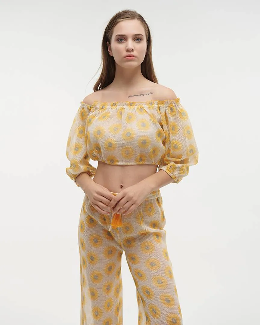 ΣΕΤ/2 ΠΑΝΤΕΛΟΝΑ ΚΑΙ ΤΟΠ ΔΙΑΤΡΗΤΑ ΣΕ ΛΕΥΚΟ/ΚΙΤΡΙΝΟ ΧΡΩΜΑ ΜΕ ΛΟΥΛΟΥΔΙΑ ONE SIZE (100% COTTON)