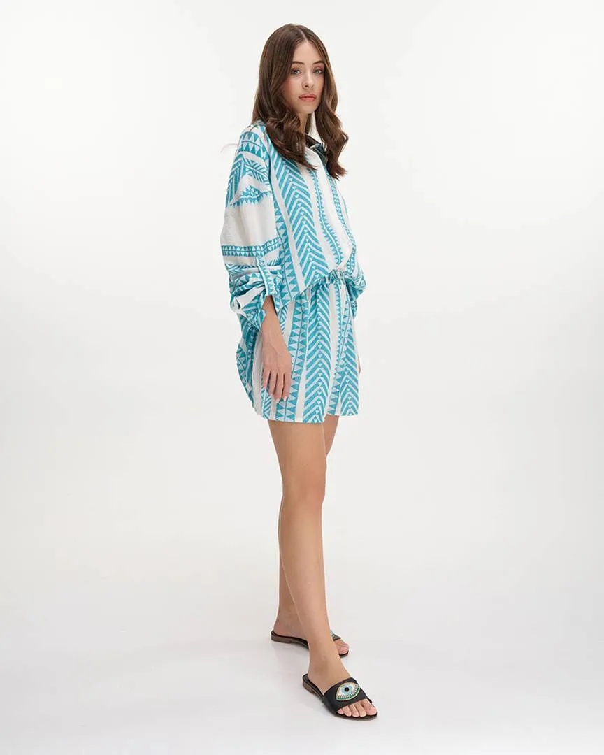 ΠΟΥΚΑΜΙΣΟ ΜΕ ΜΑΚΡΥ ΜΑΝΙΚΙ ΛΕΥΚΟ/ΤΙΡΚΟΥΑΖ ONE SIZE (100% COTTON)