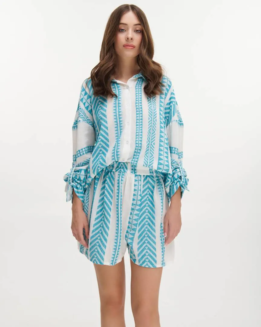 ΠΟΥΚΑΜΙΣΟ ΜΕ ΜΑΚΡΥ ΜΑΝΙΚΙ ΛΕΥΚΟ/ΤΙΡΚΟΥΑΖ ONE SIZE (100% COTTON)