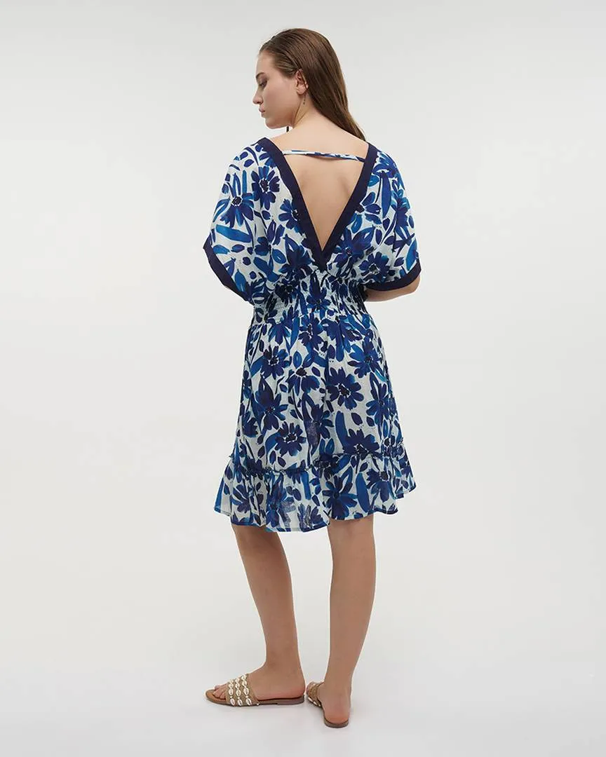 ΦΟΡΕΜΑ ΚΟΝΤΟ ΜΕ ΚΟΝΤΟ ΜΑΝΙΚΙ ΛΕΥΚΟ ΜΕ ΜΠΛΕ ΛΟΥΛΟΥΔΙΑ ONE SIZE (100% COTTON)