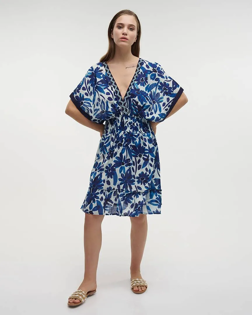 ΦΟΡΕΜΑ ΚΟΝΤΟ ΜΕ ΚΟΝΤΟ ΜΑΝΙΚΙ ΛΕΥΚΟ ΜΕ ΜΠΛΕ ΛΟΥΛΟΥΔΙΑ ONE SIZE (100% COTTON)