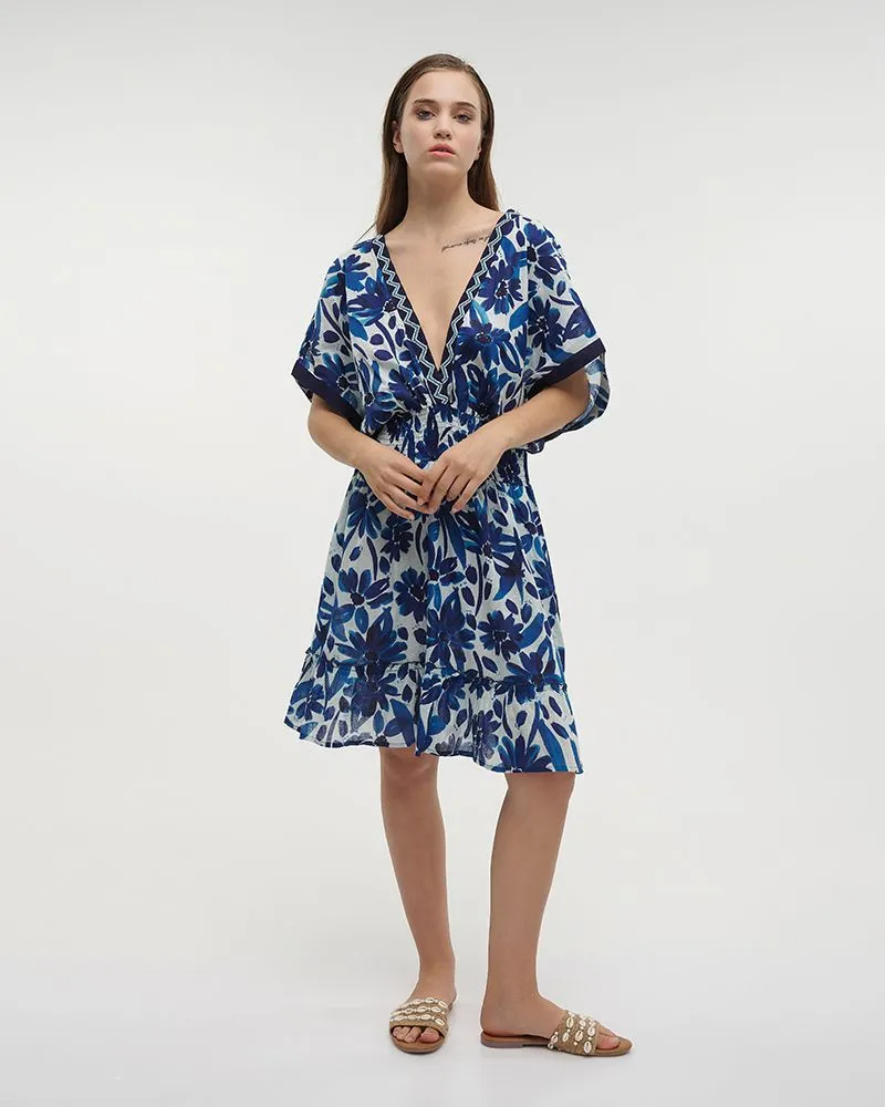 ΦΟΡΕΜΑ ΚΟΝΤΟ ΜΕ ΚΟΝΤΟ ΜΑΝΙΚΙ ΛΕΥΚΟ ΜΕ ΜΠΛΕ ΛΟΥΛΟΥΔΙΑ ONE SIZE (100% COTTON)