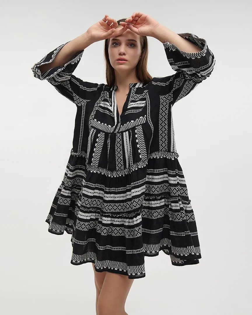 ΦΟΡΕΜΑ ΚΟΝΤΟ ΜΕ ΜΑΚΡΥ ΜΑΝΙΚΙ ΣΚΟΥΡΟ ΜΠΛΕ/ΛΕΥΚΟ ONE SIZE (100% COTTON)