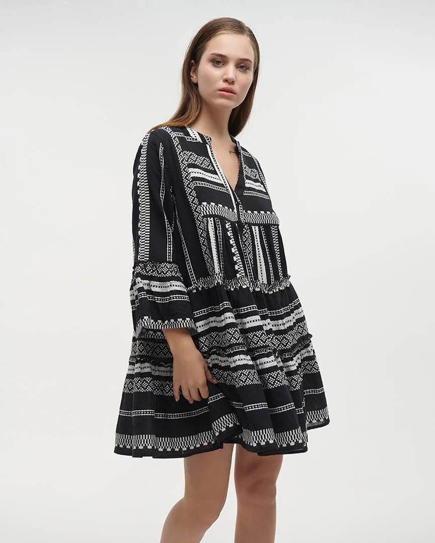 ΦΟΡΕΜΑ ΚΟΝΤΟ ΜΕ ΜΑΚΡΥ ΜΑΝΙΚΙ ΣΚΟΥΡΟ ΜΠΛΕ/ΛΕΥΚΟ ONE SIZE (100% COTTON)