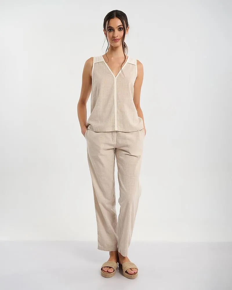 ΤΟΠ ΑΜΑΝΙΚΟ ΜΠΕΖ ΜΕ ΕΚΡΟΥ ΛΕΠΤΟΜΕΡΕΙΕΣ M/L (100% COTTON LINO)