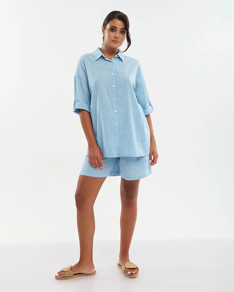 ΠΟΥΚΑΜΙΣΟ ΜΕ 3/4 ΜΑΝΙΚΙ ΓΑΛΑΖΙΟ M/L(100% COTTON SLUB) ΠΟΥΚΑΜΙΣΟ ΜΕ 3/4 ΜΑΝΙΚΙ ΓΑΛΑΖΙΟ M/L(100% COTTON SLUB)