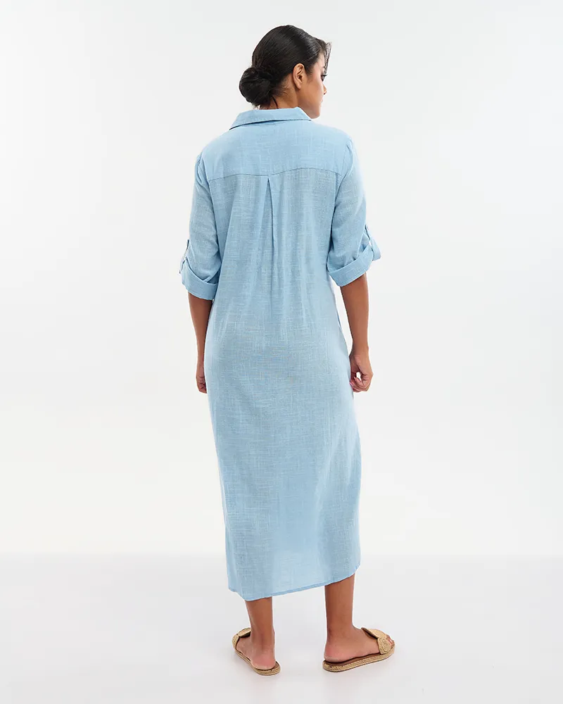 ΠΟΥΚΑΜΙΣΑ ΜΑΚΡΙΑ ΜΕ 3/4 ΜΑΝΙΚΙ ΚΑΙ ΖΩΝΗ ΓΑΛΑΖΙΑ M/L (100% COTTON SLUB)