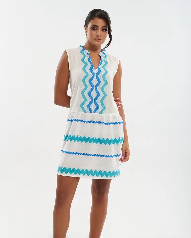 ΦΟΡΕΜΑ ΚΟΝΤΟ ΑΜΑΝΙΚΟ ΛΕΥΚΌ ΜΕ ΜΠΛΕ/ΤΥΡΚΟΥΑΖ ΛΕΠΤΟΜΕΡΕΙΕΣ ONE SIZE (100% COTTON)