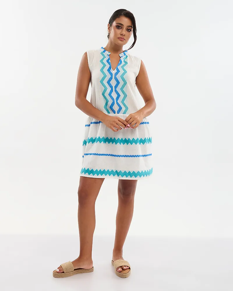 ΦΟΡΕΜΑ ΚΟΝΤΟ ΑΜΑΝΙΚΟ ΛΕΥΚΌ ΜΕ ΜΠΛΕ/ΤΥΡΚΟΥΑΖ ΛΕΠΤΟΜΕΡΕΙΕΣ ONE SIZE (100% COTTON)