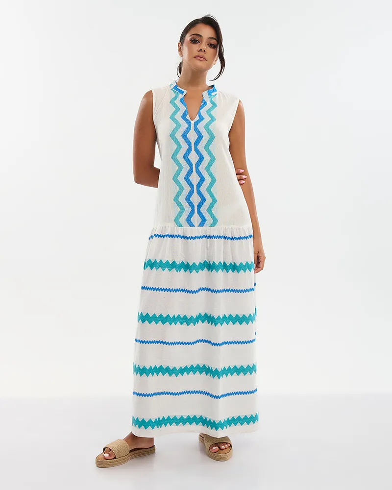 ΦΟΡΕΜΑ ΑΜΑΝΙΚΟ ΛΕΥΚΌ ΜΕ ΜΠΛΕ/ΤΥΡΚΟΥΑΖ ΛΕΠΤΟΜΕΡΕΙΕΣ ONE SIZE (100% COTTON)