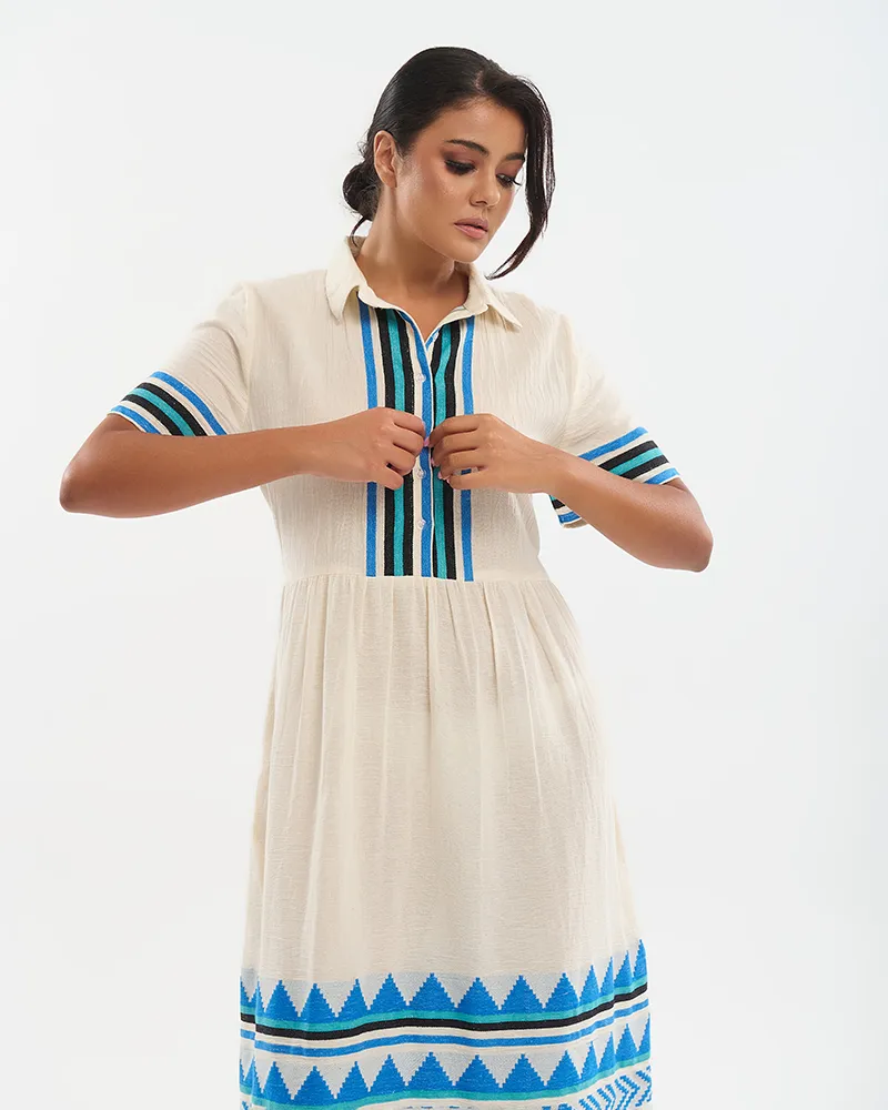 ΦΟΡΕΜΑ ΜΑΚΡΥ ΣΕ ΕΚΡΟΥ ΜΕ ΜΠΛΕ/ΤΥΡΚΟΥΑΖ ΓΡΑΜΜΕΣ ONE SIZE (100% COTTON)