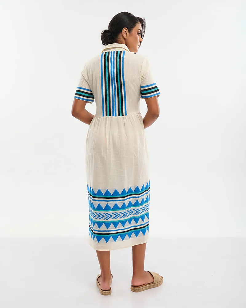 ΦΟΡΕΜΑ ΜΑΚΡΥ ΣΕ ΕΚΡΟΥ ΜΕ ΜΠΛΕ/ΤΥΡΚΟΥΑΖ ΓΡΑΜΜΕΣ ONE SIZE (100% COTTON)