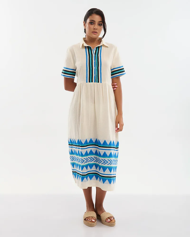 ΦΟΡΕΜΑ ΜΑΚΡΥ ΣΕ ΕΚΡΟΥ ΜΕ ΜΠΛΕ/ΤΥΡΚΟΥΑΖ ΓΡΑΜΜΕΣ ONE SIZE (100% COTTON)