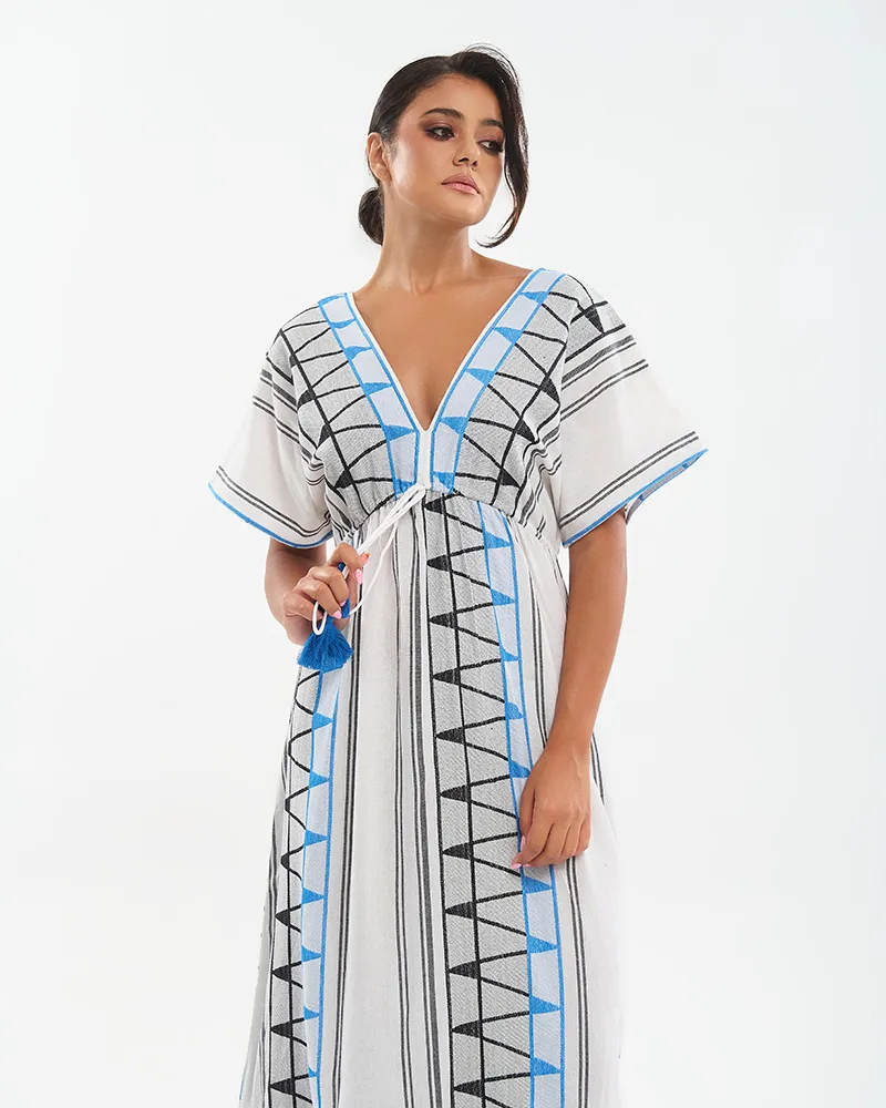 ΦΟΡΕΜΑ ΜΕ ΚΟΝΤΟ ΜΑΝΙΚΙ ΣΕ ΛΕΥΚΌ/ΜΑΥΡΟ/ΜΠΛΕ ΜΕ ΔΙΑΚΟΣΜΗΤΙΚΑ ΦΟΥΝΤΑΚΙΑ ONE SIZE (100%COTTON)