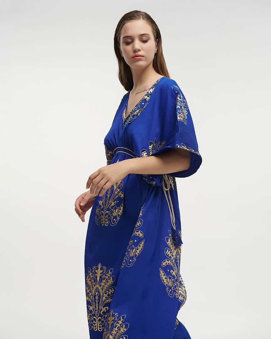 ΦΟΡΕΜΑ ΜΑΚΡΥ ΜΕ 3/4 ΜΑΝΙΚΙ ΜΠΛΕ ΜΕ ΚΕΝΤΗΤΕΣ ΛΕΠΤΟΜΕΡΕΙΕΣ ONE SIZE (100% POLYESTER)