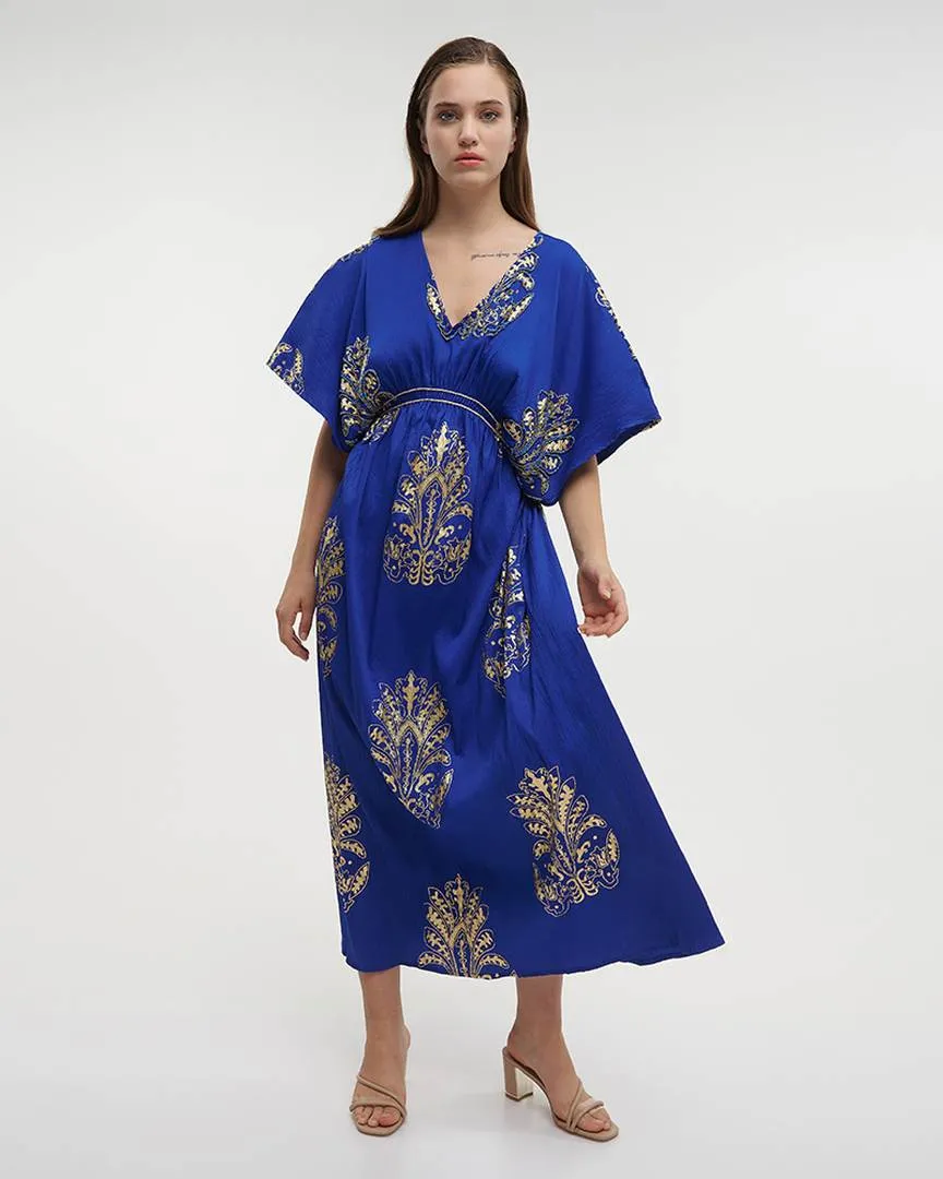 ΦΟΡΕΜΑ ΜΑΚΡΥ ΜΕ 3/4 ΜΑΝΙΚΙ ΜΠΛΕ ΜΕ ΚΕΝΤΗΤΕΣ ΛΕΠΤΟΜΕΡΕΙΕΣ ONE SIZE (100% POLYESTER)