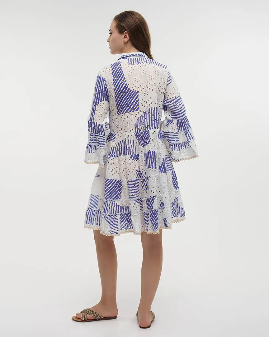 ΦΟΡΕΜΑ ΚΟΝΤΟ ME ΜΑΚΡΥ MANIKI ΛΕΥΚΟ/ΜΠΛΕ ΜΕ ΚΕΝΤΗΤΕΣ ΛΕΠΤΟΜΕΡΕΙΕΣ ONE SIZE (100% COTTON)