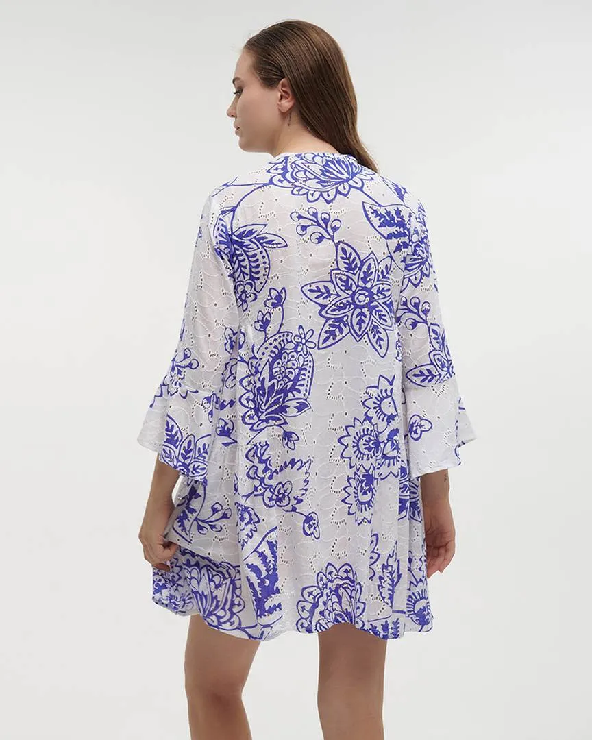 ΦΟΡΕΜΑ ΚΟΝΤΟ ME ΜΑΚΡΥ MANIKI ΛΕΥΚΟ ΜΕ ΜΠΛΕ ΛΟΥΛΟΥΔΙΑ ΚΑΙ ΚΕΝΤΗΤΕΣ ΛΕΠΤΟΜΕΡΕΙΕΣ ONE SIZE (100% COTTON)