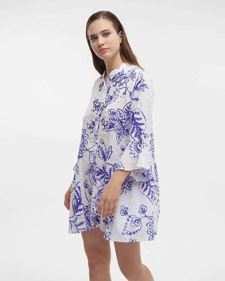 ΦΟΡΕΜΑ ΚΟΝΤΟ ME ΜΑΚΡΥ MANIKI ΛΕΥΚΟ ΜΕ ΜΠΛΕ ΛΟΥΛΟΥΔΙΑ ΚΑΙ ΚΕΝΤΗΤΕΣ ΛΕΠΤΟΜΕΡΕΙΕΣ ONE SIZE (100% COTTON)