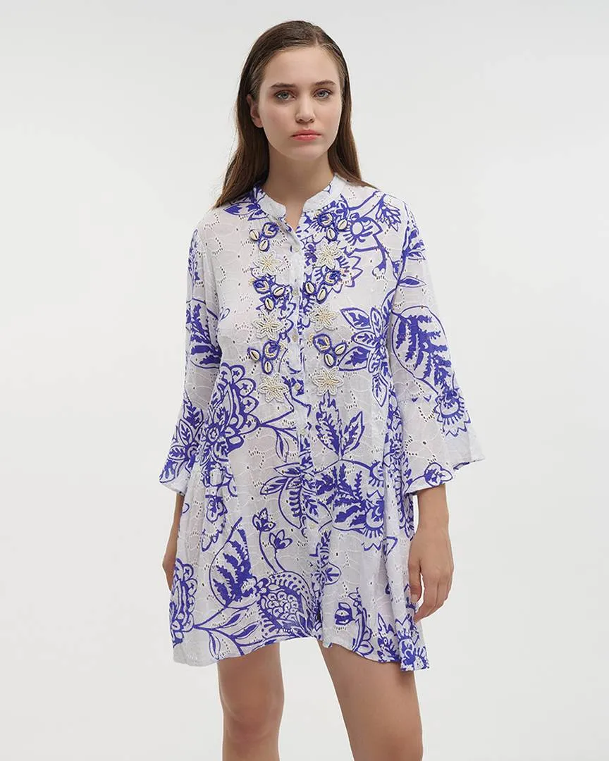 ΦΟΡΕΜΑ ΚΟΝΤΟ ME ΜΑΚΡΥ MANIKI ΛΕΥΚΟ ΜΕ ΜΠΛΕ ΛΟΥΛΟΥΔΙΑ ΚΑΙ ΚΕΝΤΗΤΕΣ ΛΕΠΤΟΜΕΡΕΙΕΣ ONE SIZE (100% COTTON)