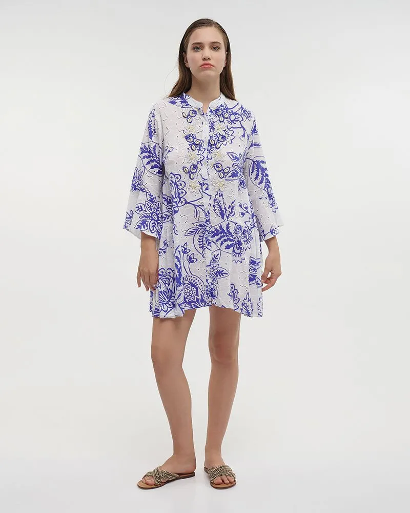 ΦΟΡΕΜΑ ΚΟΝΤΟ ME ΜΑΚΡΥ MANIKI ΛΕΥΚΟ ΜΕ ΜΠΛΕ ΛΟΥΛΟΥΔΙΑ ΚΑΙ ΚΕΝΤΗΤΕΣ ΛΕΠΤΟΜΕΡΕΙΕΣ ONE SIZE (100% COTTON)