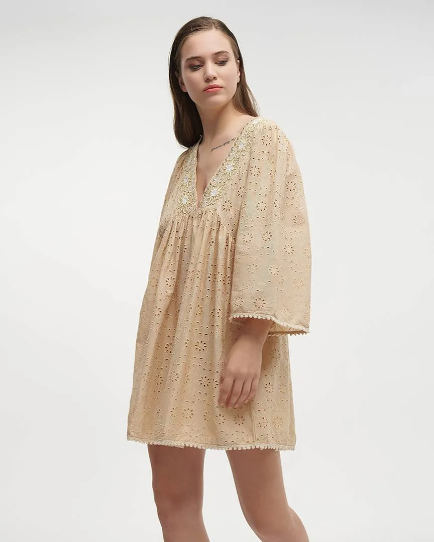 ΦΟΡΕΜΑ ΚΟΝΤΟ ME ΜΑΚΡΥ MANIKI ΜΠΕΖ ΜΕ ΚΕΝΤΗΤΕΣ ΛΕΠΤΟΜΕΡΕΙΕΣ ONE SIZE (100% COTTON)