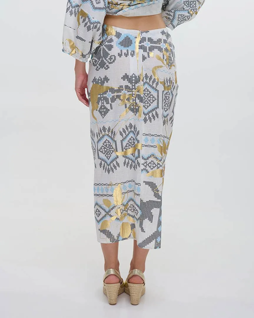 ΦΟΥΣΤΑ ΜΑΚΡΙΑ ΛΕΥΚΗ/ΤΙΡΚΟΥΑΖ/ΜΠΛΕ ΜΕ ΧΑΝΤΡΕΣ ΚΑΙ ΧΡΥΣΕΣ ΛΕΠΤΟΜΕΡΕΙΕΣ ONE SIZE (100% COTTON)