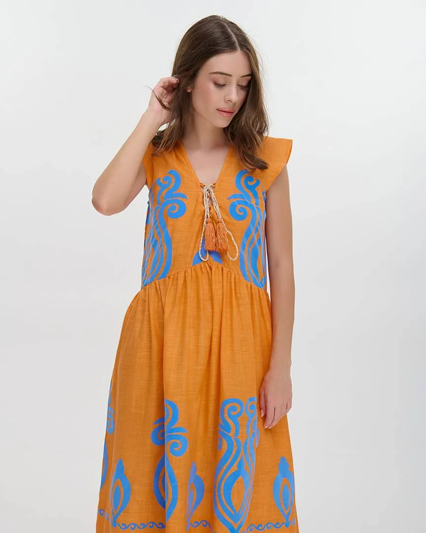 ΦΟΡΕΜΑ ΜΑΚΡΥ ME ΚΟΝΤΟ MANIKI ΠΟΡΤΟΚΑΛΙ/ΜΠΛΕ ΜΕ ΚΕΝΤΗΤΕΣ ΛΕΠΤΟΜΕΡΕΙΕΣ ONE SIZE (100% COTTON)