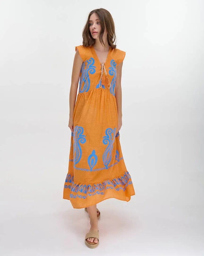 ΦΟΡΕΜΑ ΜΑΚΡΥ ME ΚΟΝΤΟ MANIKI ΠΟΡΤΟΚΑΛΙ/ΜΠΛΕ ΜΕ ΚΕΝΤΗΤΕΣ ΛΕΠΤΟΜΕΡΕΙΕΣ ONE SIZE (100% COTTON)