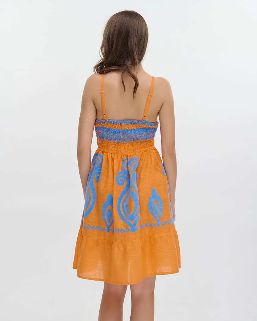 ΦΟΡΕΜΑ ΚΟΝΤΟ ΑΜΑΝΙΚΟ ΠΟΡΤΟΚΑΛΙ/ΜΠΛΕ ΜΕ ΚΕΝΤΗΤΕΣ ΛΕΠΤΟΜΕΡΕΙΕΣ ONE SIZE (100% COTTON)