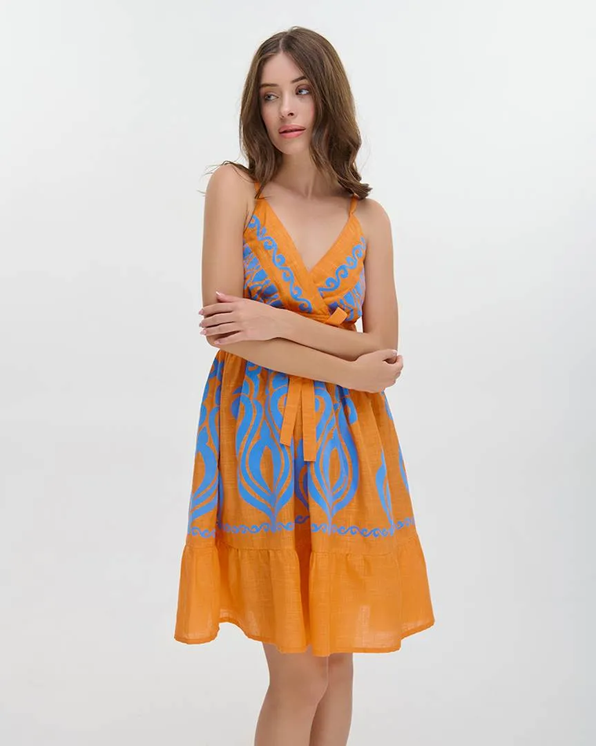 ΦΟΡΕΜΑ ΚΟΝΤΟ ΑΜΑΝΙΚΟ ΠΟΡΤΟΚΑΛΙ/ΜΠΛΕ ΜΕ ΚΕΝΤΗΤΕΣ ΛΕΠΤΟΜΕΡΕΙΕΣ ONE SIZE (100% COTTON)