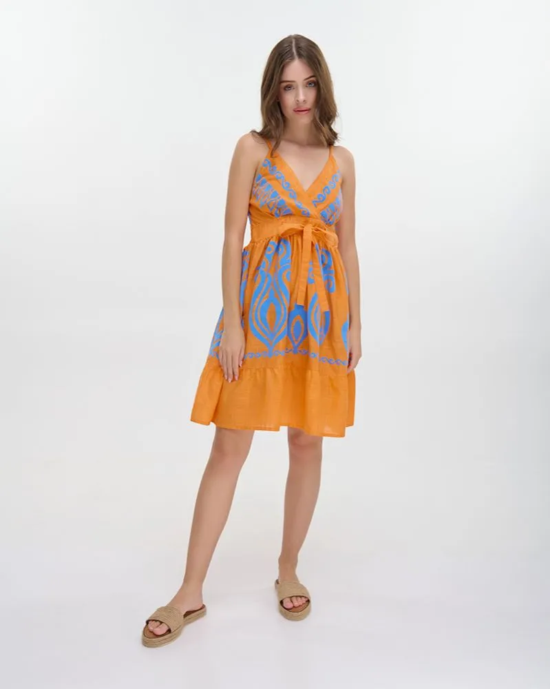 ΦΟΡΕΜΑ ΚΟΝΤΟ ΑΜΑΝΙΚΟ ΠΟΡΤΟΚΑΛΙ/ΜΠΛΕ ΜΕ ΚΕΝΤΗΤΕΣ ΛΕΠΤΟΜΕΡΕΙΕΣ ONE SIZE (100% COTTON)