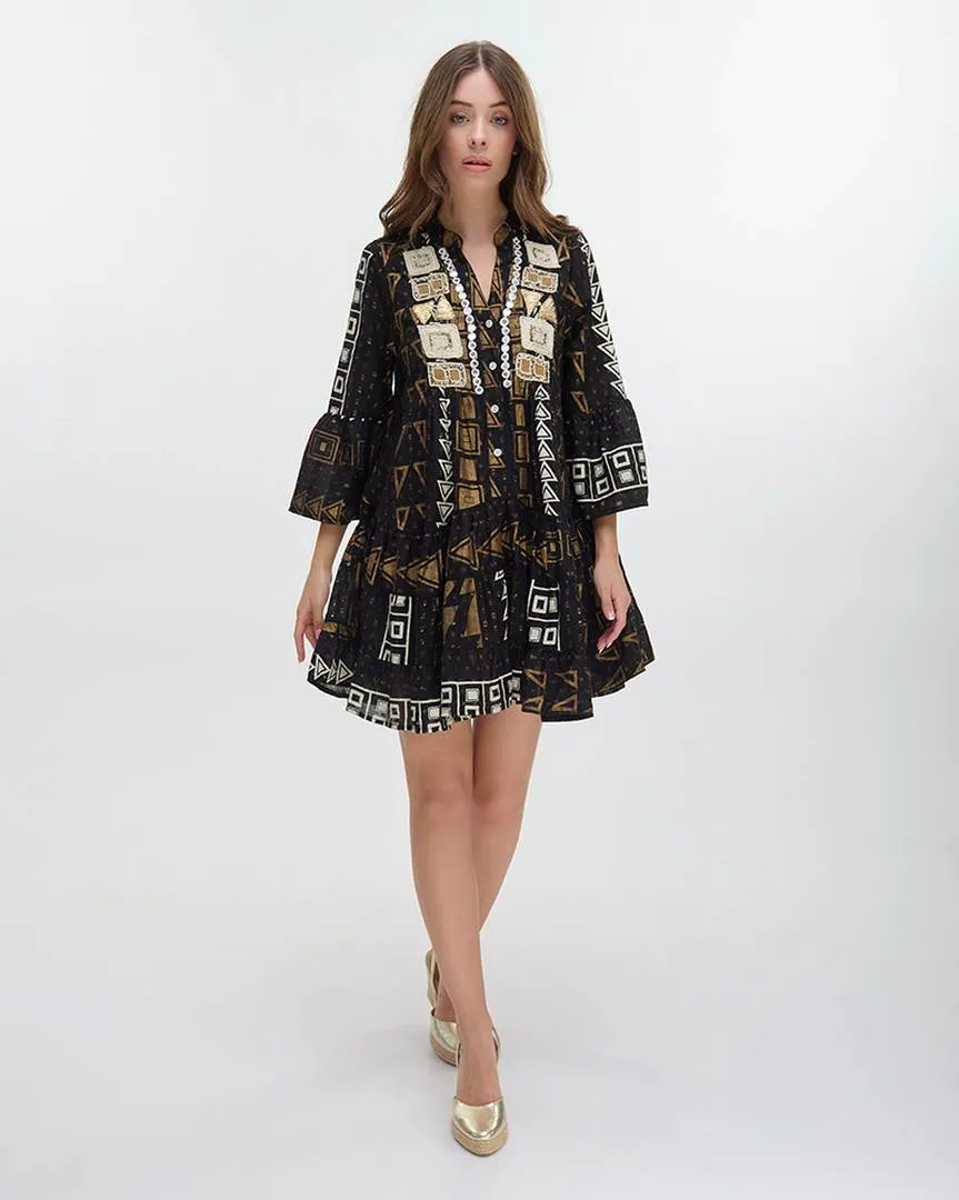 ΦΟΡΕΜΑ ΚΟΝΤΟ ΜΕ ΜΑΚΡΥ ΜΑΝΙΚΙ ΜΑΥΡΟ ΜΕ ΚΕΝΤΗΤΕΣ ΛΕΠΤΟΜΕΡΕΙΕΣ ONE SIZE (98% COTTON,  2% POLYESTER)