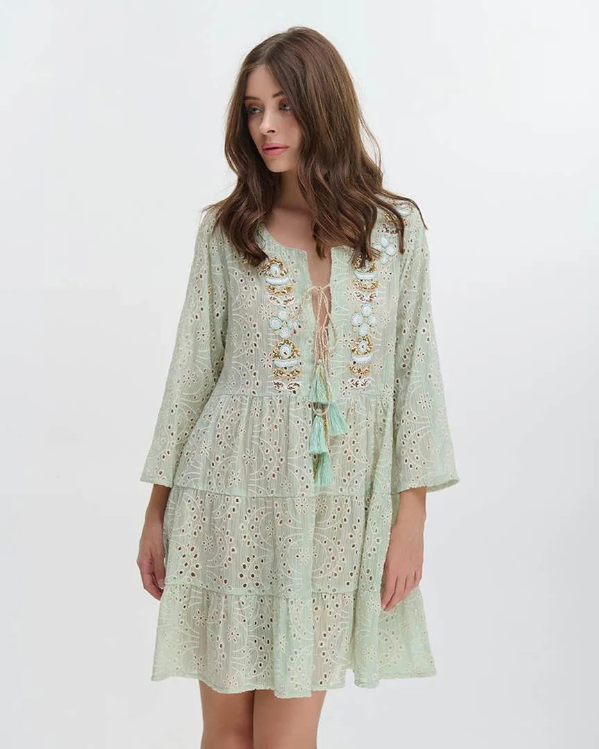 ΦΟΡΕΜΑ ΚΟΝΤΟ ΜΕ ΜΑΚΡΥ ΜΑΝΙΚΙ ΜΕΝΤΑ ΜΕ ΚΕΝΤΗΤΕΣ ΛΕΠΤΟΜΕΡΕΙΕΣ ONE SIZE (100% POLYESTER)