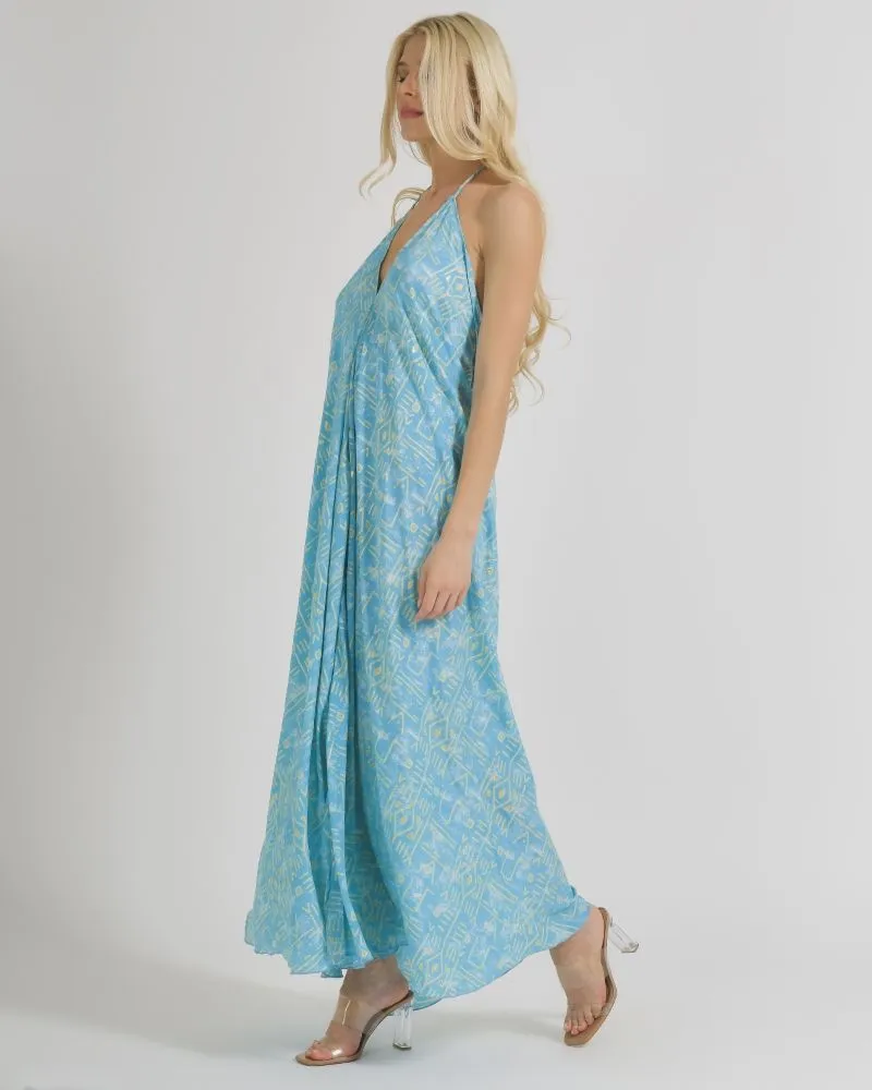 ΦΟΡΕΜΑ ΑΜΑΝΙΚΟ ΣΕ ΓΑΛΑΖΙΟ ΧΡΩΜΑ ΜΕ ΓΕΩΜΕΤΡΙΚΑ ΣΧΕΔΙΑ ONE SIZE  (100% CREPE)