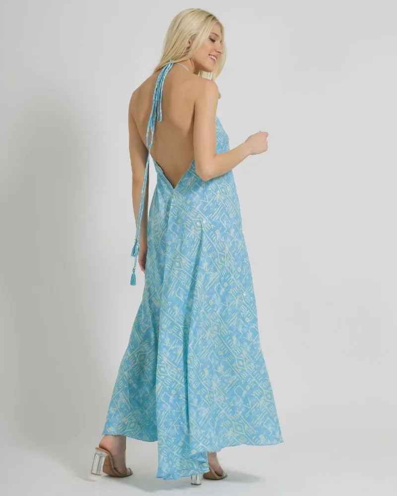 ΦΟΡΕΜΑ ΑΜΑΝΙΚΟ ΣΕ ΓΑΛΑΖΙΟ ΧΡΩΜΑ ΜΕ ΓΕΩΜΕΤΡΙΚΑ ΣΧΕΔΙΑ ONE SIZE  (100% CREPE)