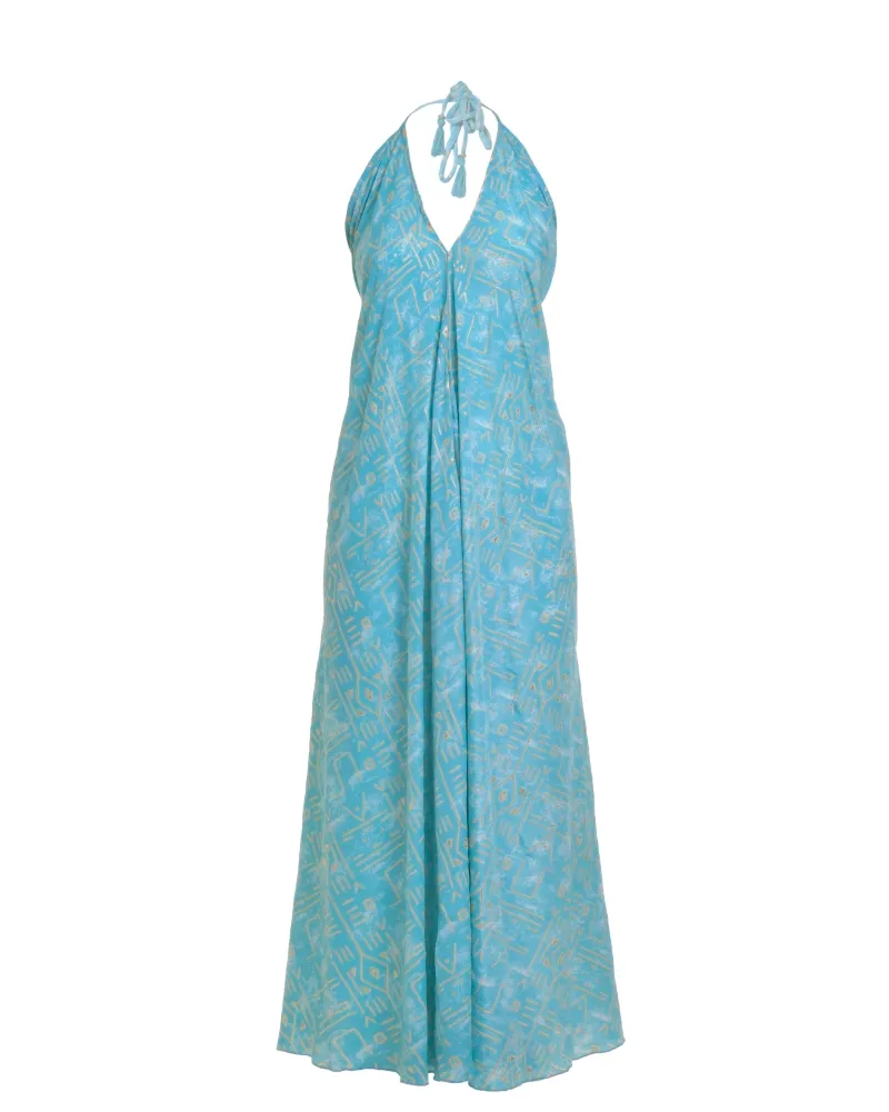 ΦΟΡΕΜΑ ΑΜΑΝΙΚΟ ΣΕ ΓΑΛΑΖΙΟ ΧΡΩΜΑ ΜΕ ΓΕΩΜΕΤΡΙΚΑ ΣΧΕΔΙΑ ONE SIZE  (100% CREPE)