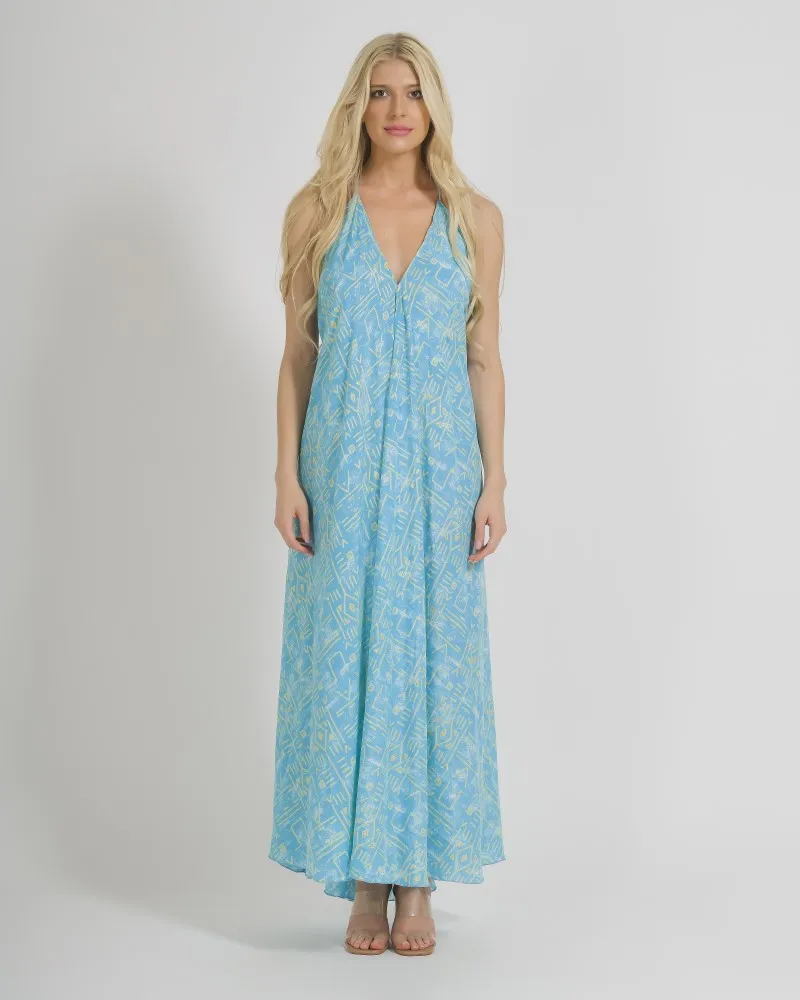 ΦΟΡΕΜΑ ΑΜΑΝΙΚΟ ΣΕ ΓΑΛΑΖΙΟ ΧΡΩΜΑ ΜΕ ΓΕΩΜΕΤΡΙΚΑ ΣΧΕΔΙΑ ONE SIZE  (100% CREPE)