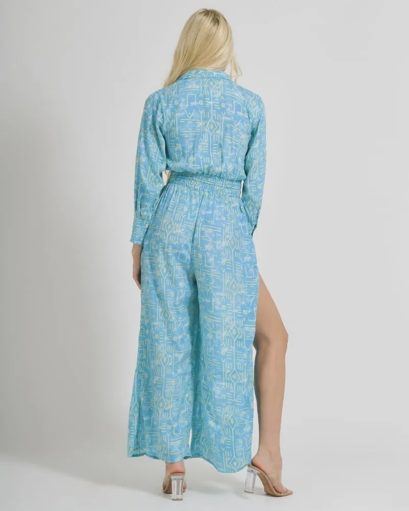 ΟΛΟΣΩΜΗ ΦΟΡΜΑ ΜΑΚΡΥ ΣΕ ΓΑΛΑΖΙΟ ΧΡΩΜΑ ΜΕ ΓΕΩΜΕΤΡΙΚΑ ΣΧΕΔΙΑ ONE SIZE  (100% CREPE)